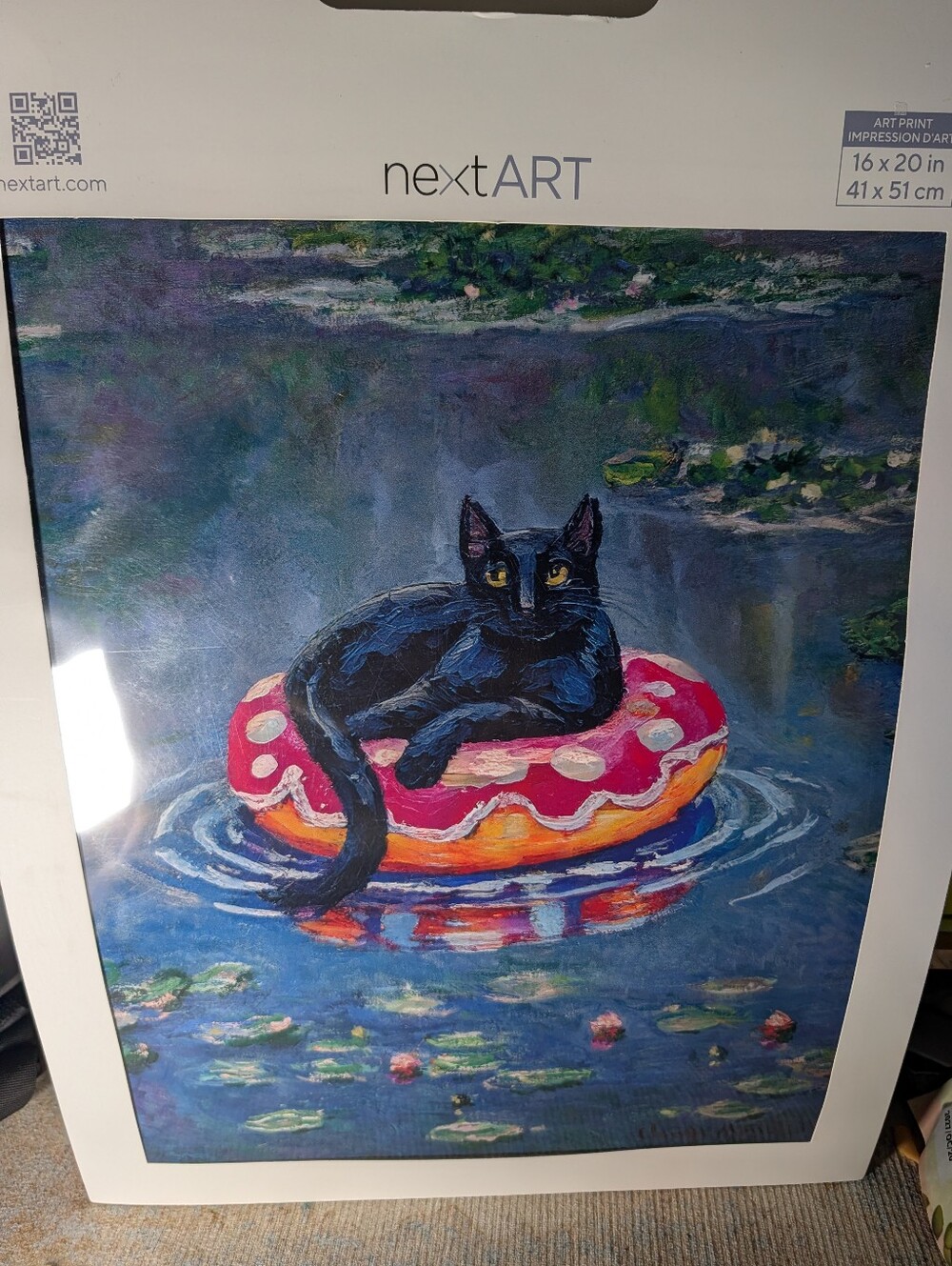 Nextart Black Cat on Pink and Orange Donut Float Art Print 16x20"